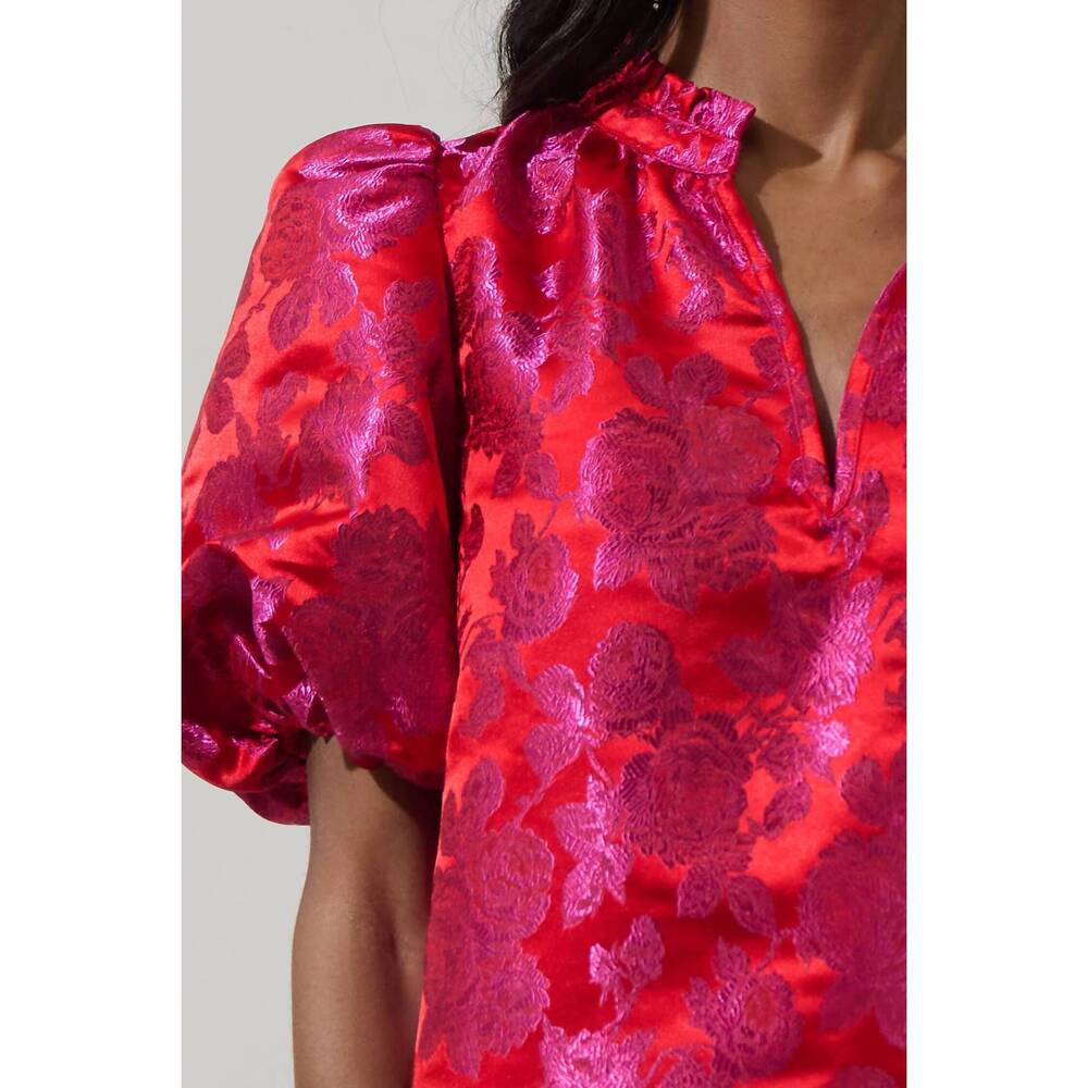 Sugarlips Red Pink Floral Jacquard Puff Sleeve Blouse - Picture 6 of 7